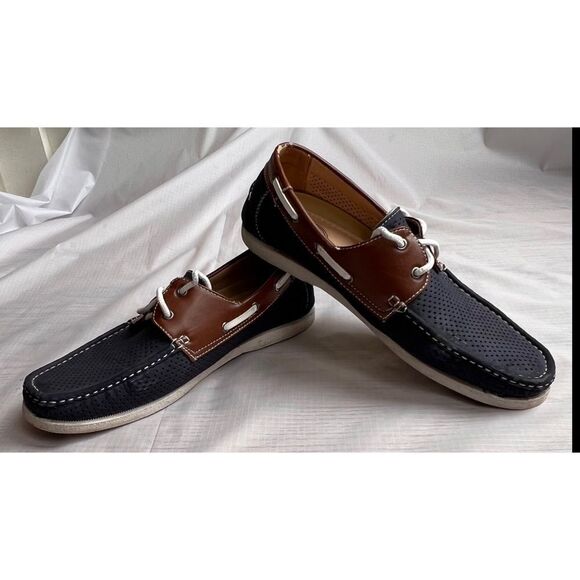 Amali Men’s Driving Moccasin Perforated Navy Brown Cushioned Foot Loafers Sz 10 - Picture 11 of 12